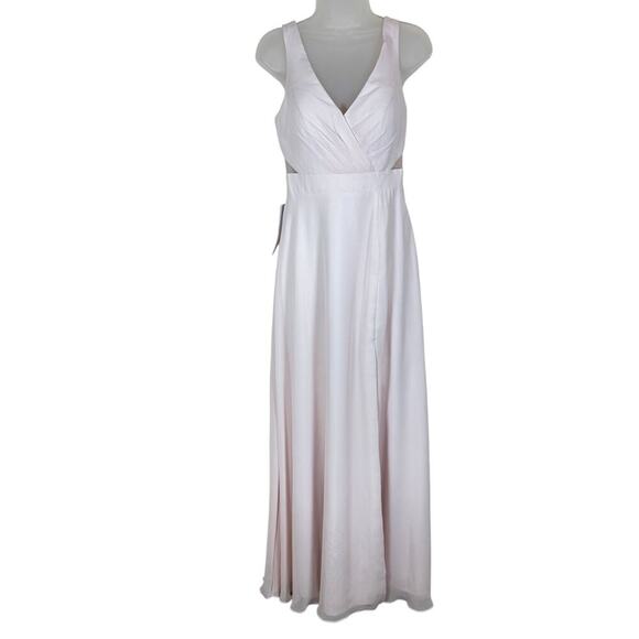 NWT Azazie Alva Bridesmaid Dress Blushing Pink Maxi Length High Slit V Neck 2 - Picture 2 of 10